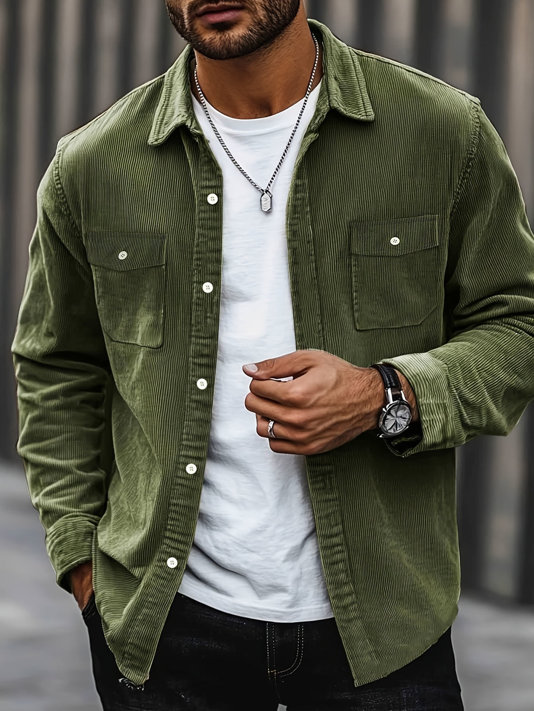 Classic Corduroy Shirt Jacket with Dual Chest Pockets