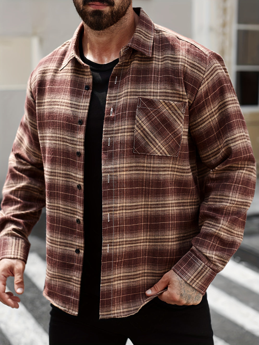Plaid Pattern Turn-Down Collar Long Sleeve