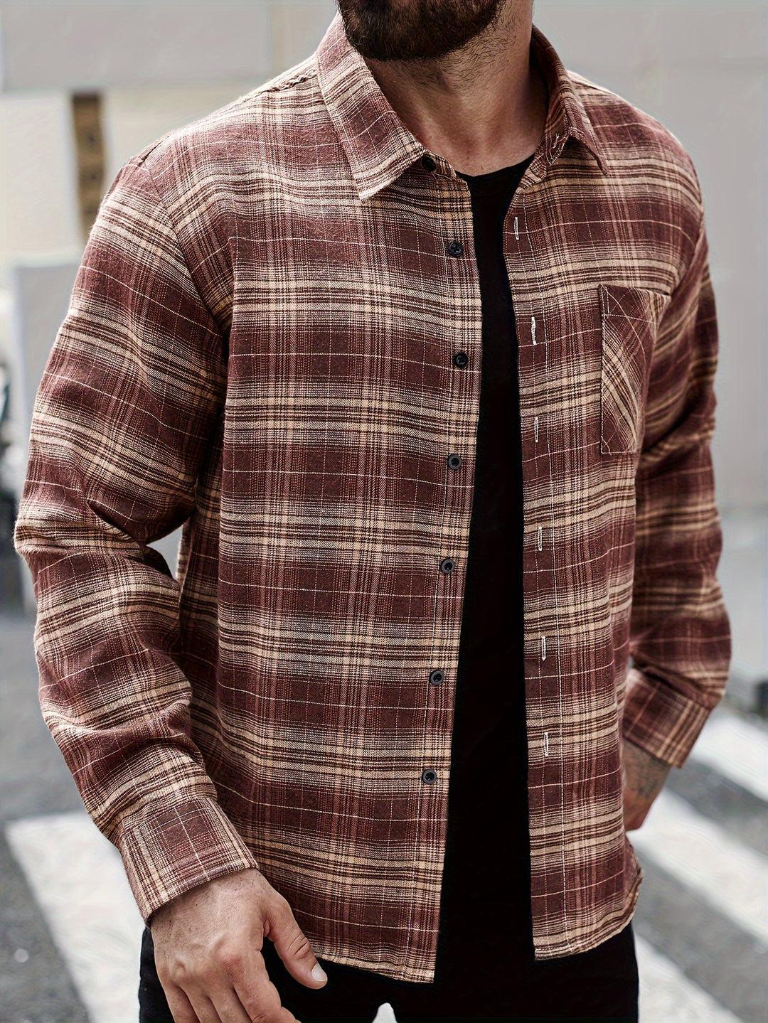 Plaid Pattern Turn-Down Collar Long Sleeve