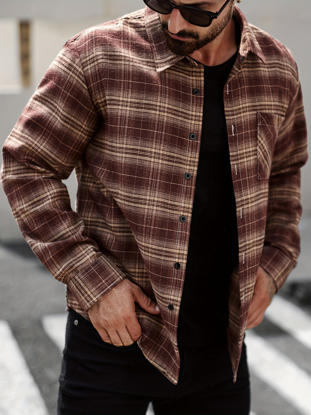 Plaid Pattern Turn-Down Collar Long Sleeve