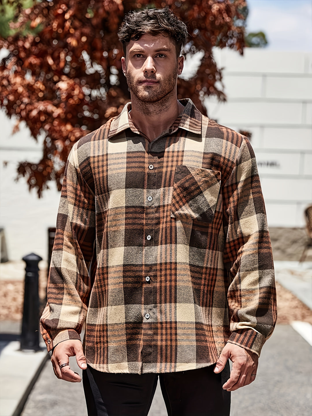 Plaid Button Shirt With Turn-Down Collar